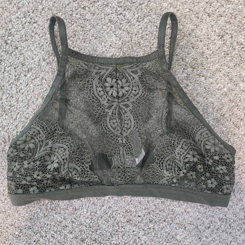 Lace Halter Bralette in Olive Green - Picture 2 of 11